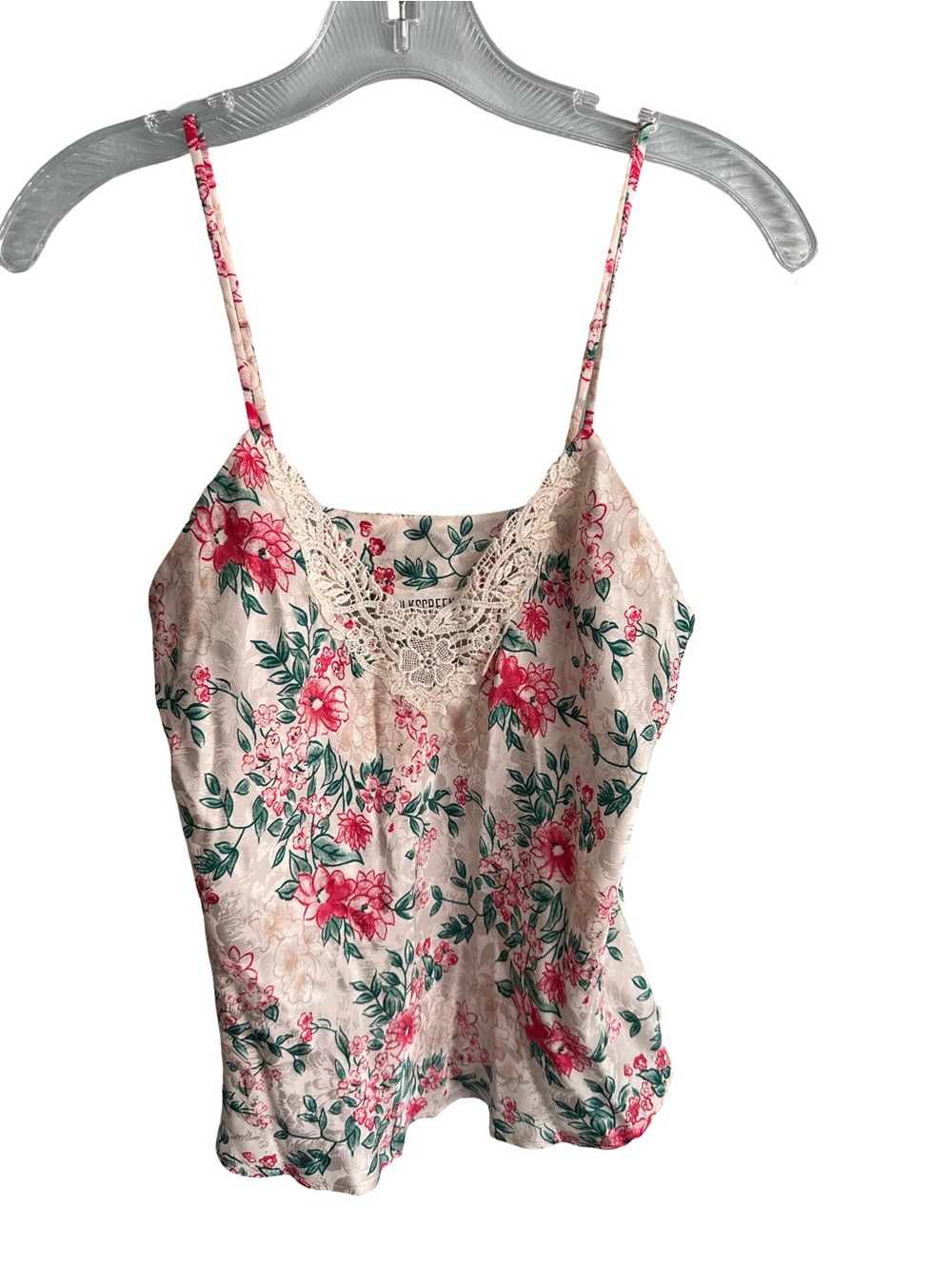 Vintage Silk Floral Lace-Trim Cami Pink Green Cream Adjustable Straps Small